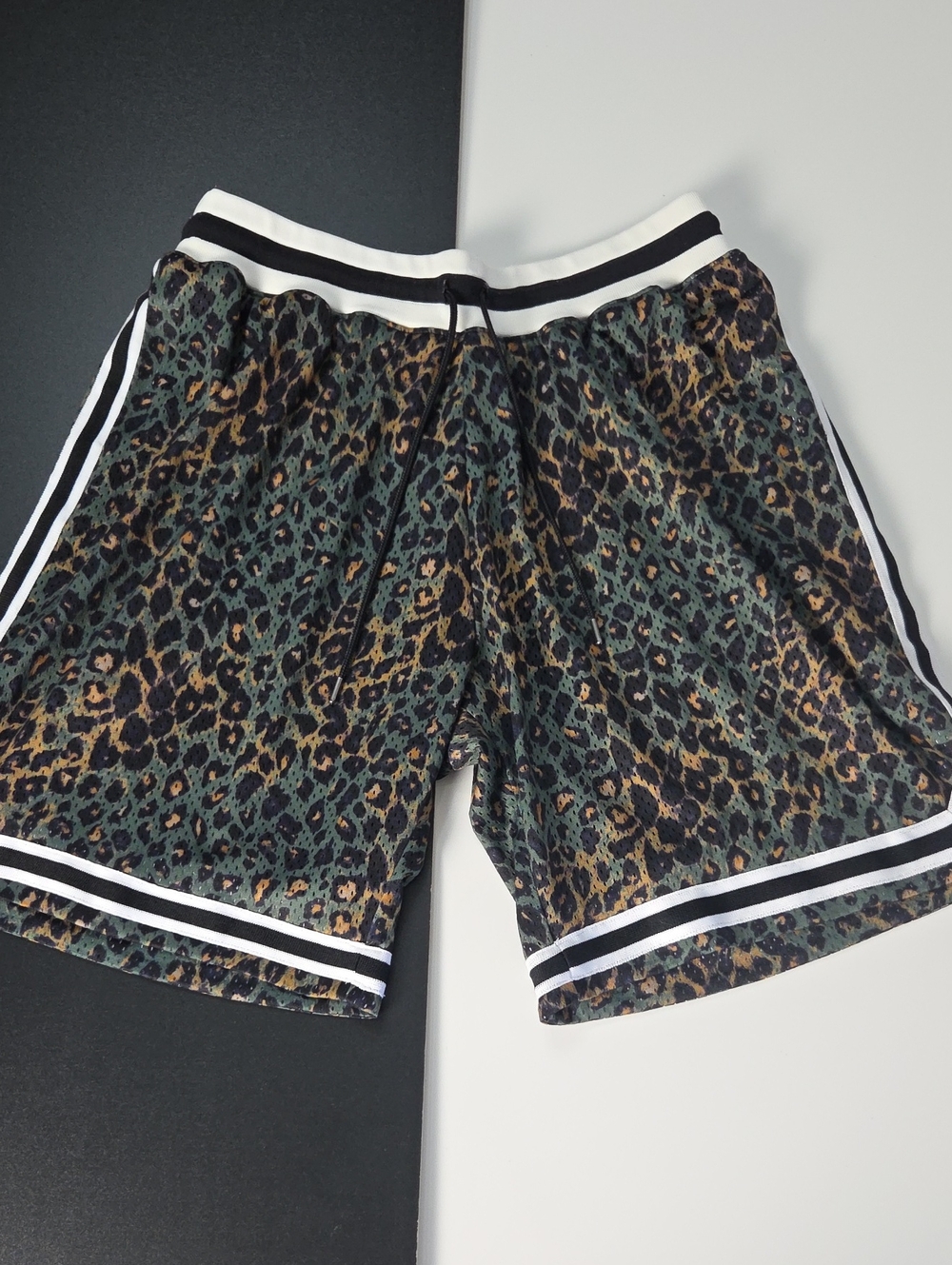 John Elliott Game Leopard-Print Athletic Shorts in Green and Brown